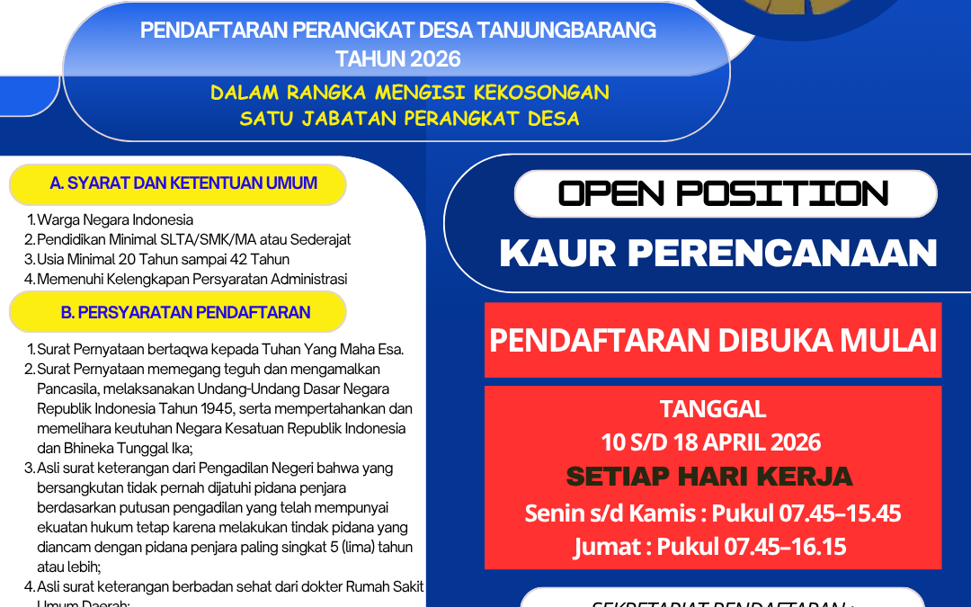 Pengumuman Resmi: Seleksi Terbuka Calon Perangkat Desa Tanjungbarang Posisi Kaur Perencanaan Tahun 2026